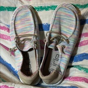 Hey Dude Women’s Multi Pastel Colored Knit Like New Slip-On Shoes, Size 7